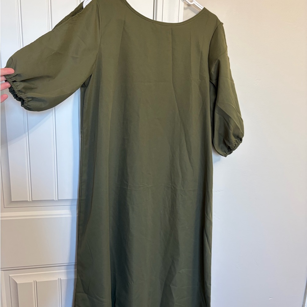 SHEIN Olive Green Midi Dress with Puff Sleeves